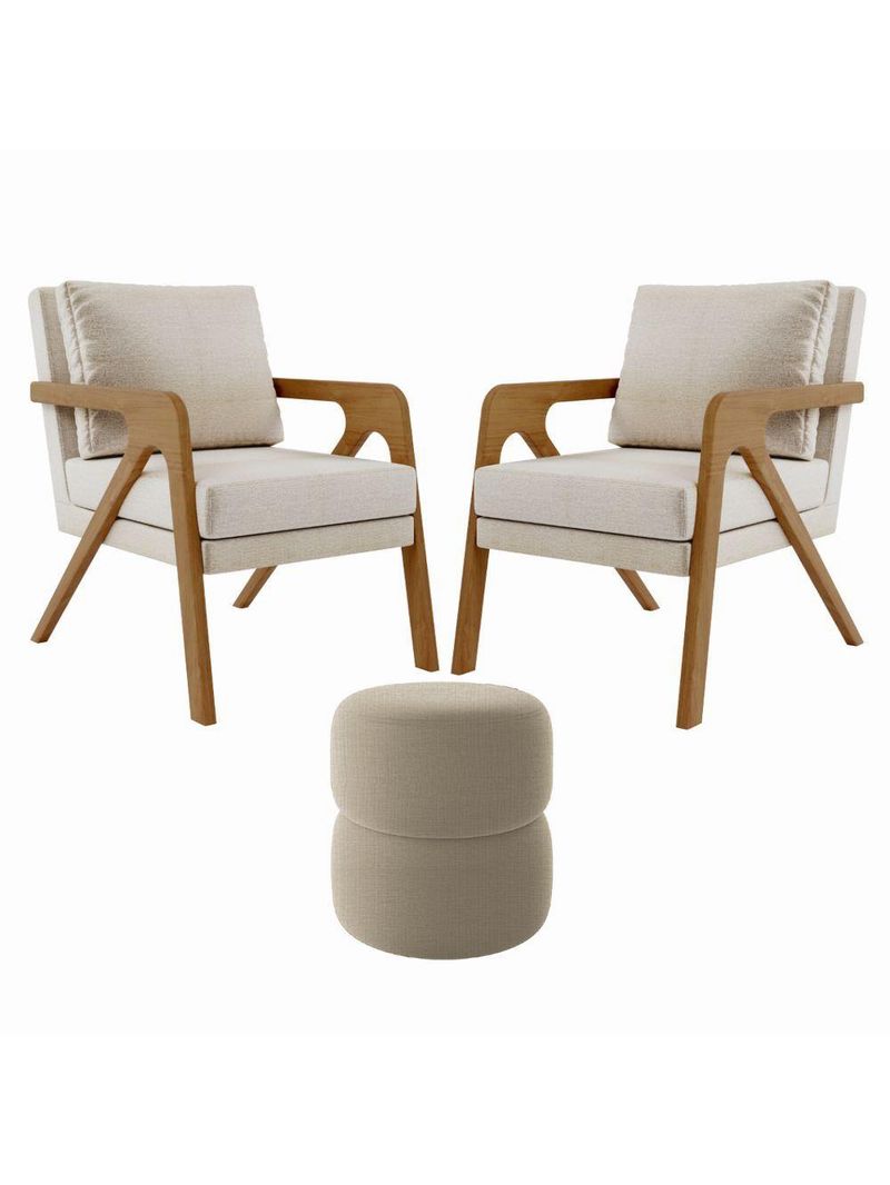 Kit 2 Poltrona Decorativa Puff Sala Moderno Escritório Lana Linho Bege