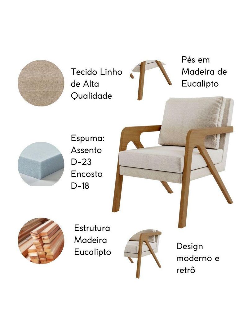 Kit 2 Poltrona Decorativa Moderna Para Sala Escritório Xangai Linho Bege