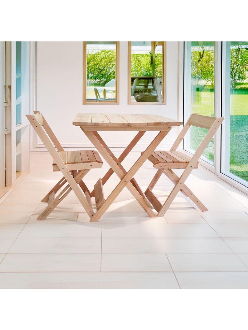 Conjunto Mesa 2 Cadeiras Dobráveis Em Madeira Para Churrasqueira Natural