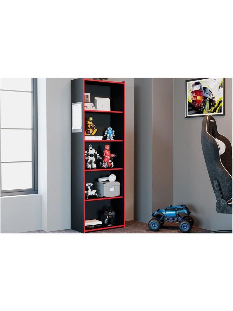 Estante Livreiro de Escritório MB 1022 c/ 5 Nichos Preto/Vermelho - Movelbento