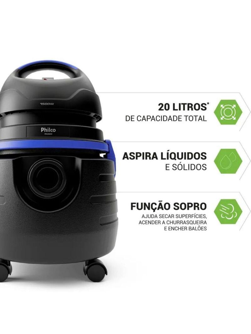 Aspirador De água E Pó Philco 1500w 20l Pas80 Preto 127V