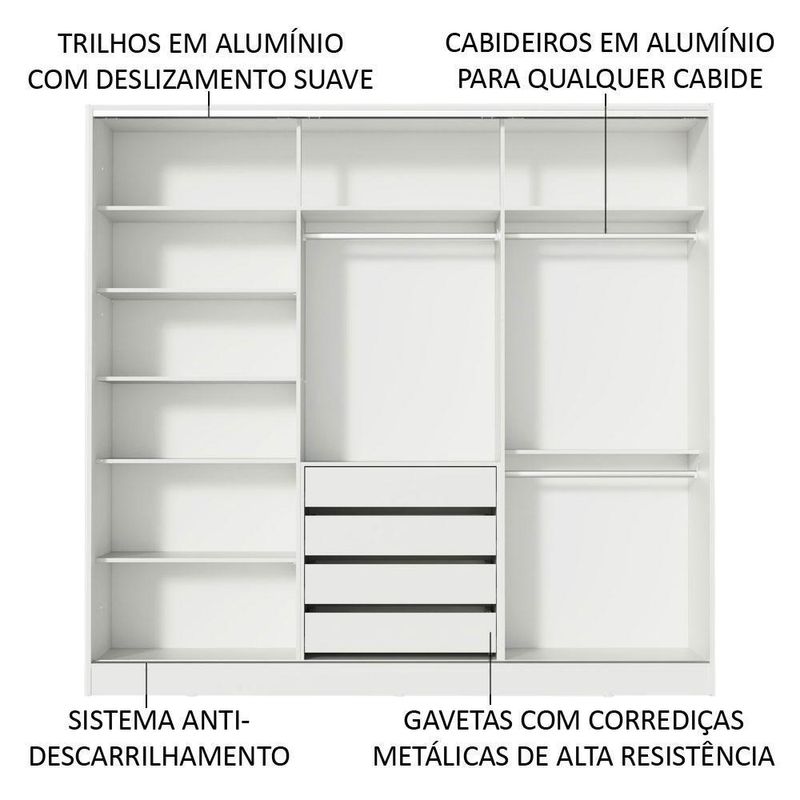 Guarda-roupa casal 100% mdf madesa nantes 3 portas de correr branco
