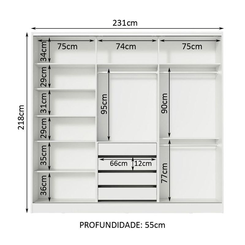 Guarda-roupa casal 100% mdf madesa nantes 3 portas de correr branco