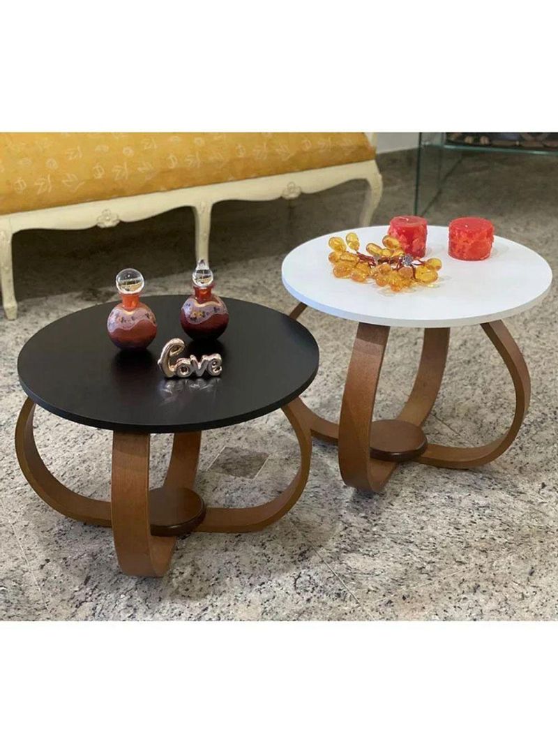 Conjunto Mesa De Centro E Lateral Pés Cebola Branco E Preto Branco E Preto
