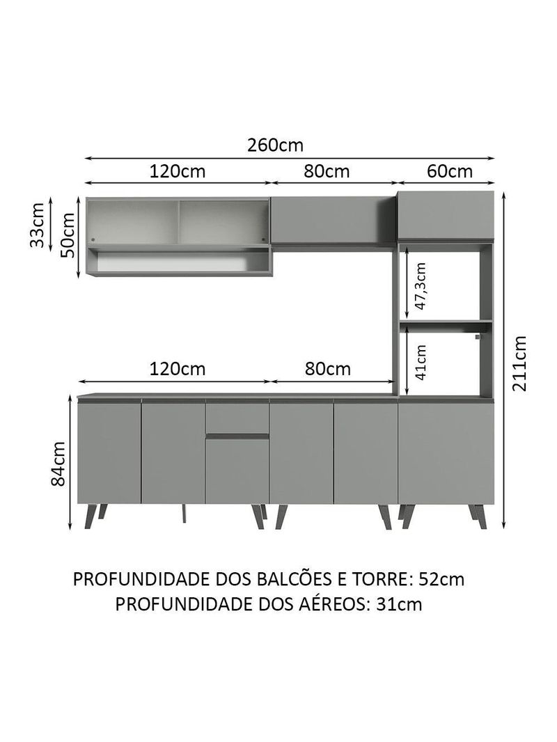 Armário de cozinha completa 260cm cinza nice madesa 07