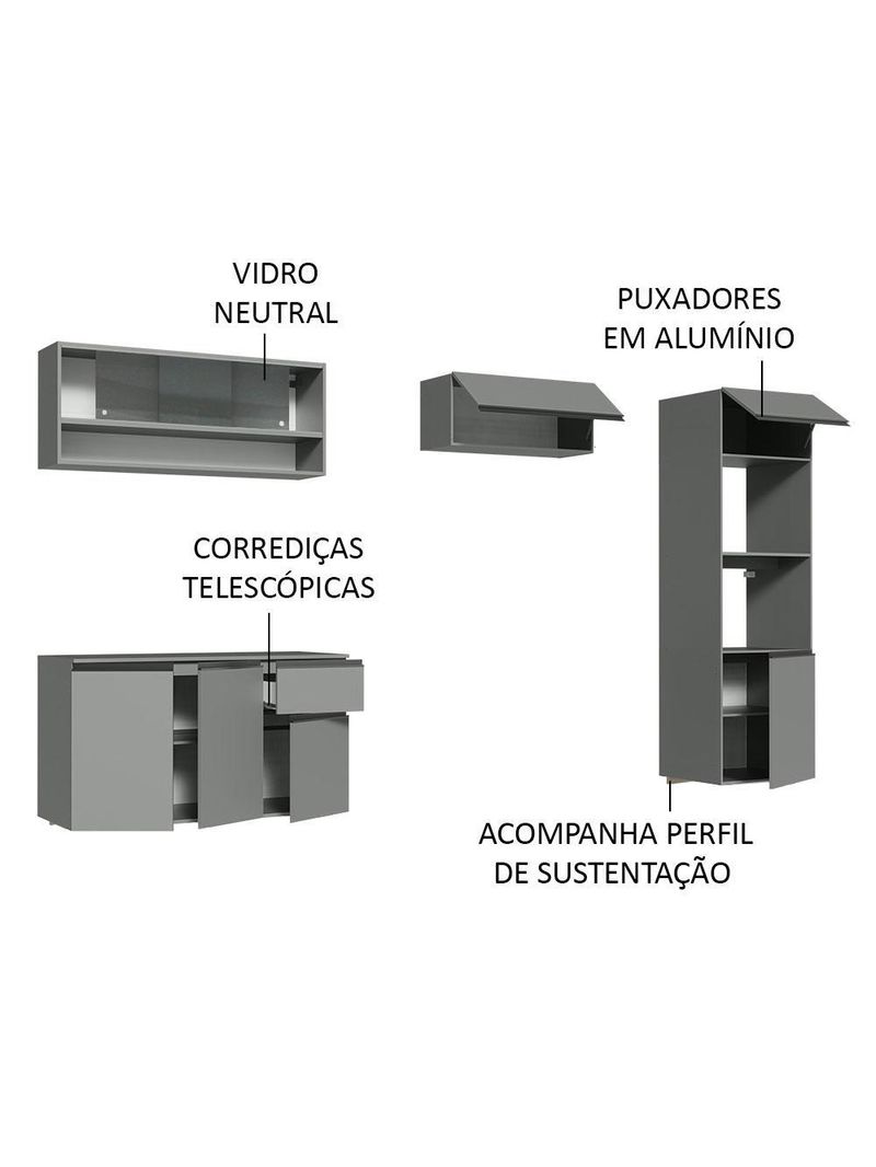 Armário de cozinha completa suspenso 260cm cinza nice madesa 10