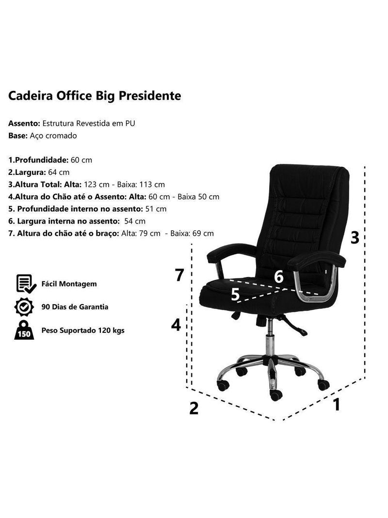 Cadeira De Escritório Preta Base Giratória Cromada