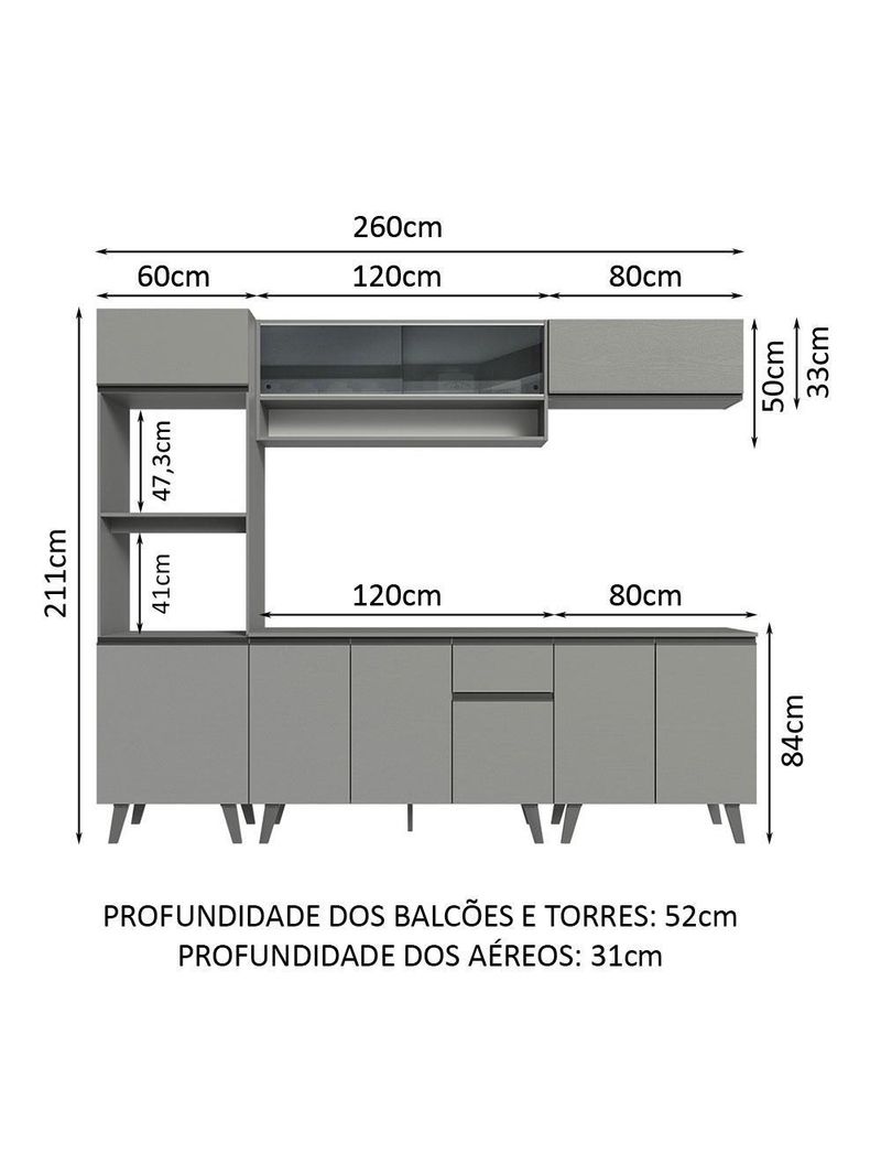 Armário de cozinha completa 260cm cinza nice madesa 01