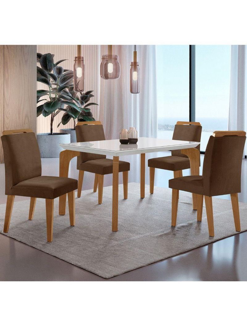 Conjunto Mesa Liz 120cm Com Vidro 4 Cadeiras Athenas Moderna Veludo Marrom Off White Imbuia