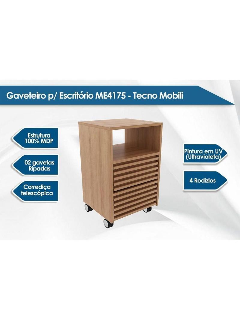 Gaveteiro p/ Escritório c/ 2 Gavetas e Rodizios Ripado ME4175 Amêndoa - Tecno Mobili