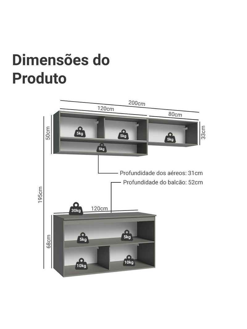Armário de cozinha compacta suspenso 200cm cinza nice madesa xa08