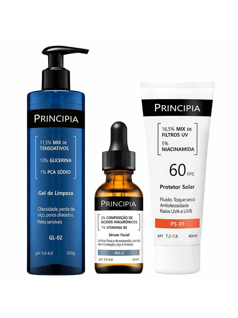 Principia kit - protetor solar fps60 + gel de limpeza + sérum ah-2
