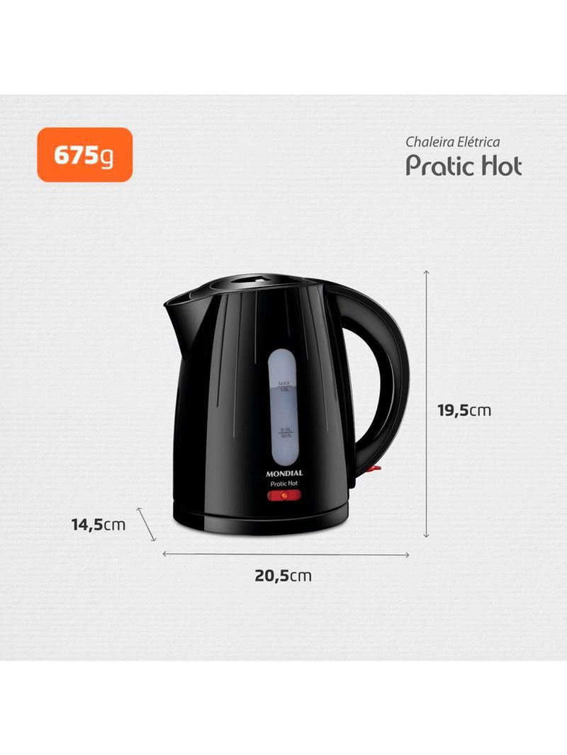 Chaleira mondial elétrica pratic hot com capacidade 1 litro ce-07 - preta