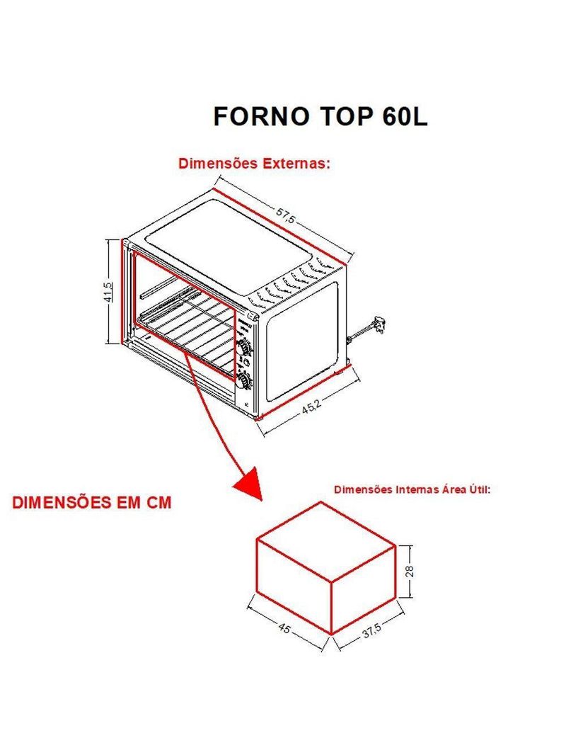 Forno Fogatti Elétrico Bancada Top 60Litros Vermelho 110V