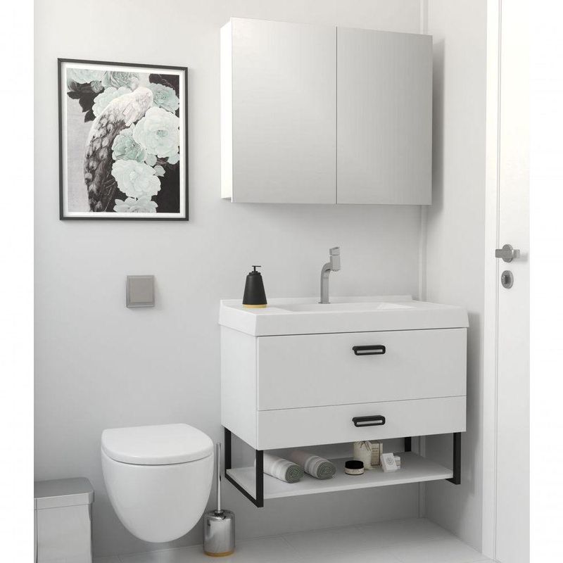 Armário Espelheira para Banheiro Boston MDF 80 cm Branco com Portas Espelhadas