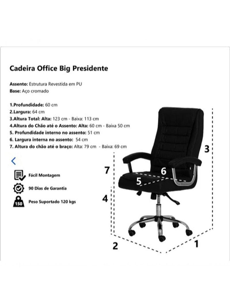 Cadeira Presidente Preta Computador Big Molas Couro Sintético Preto