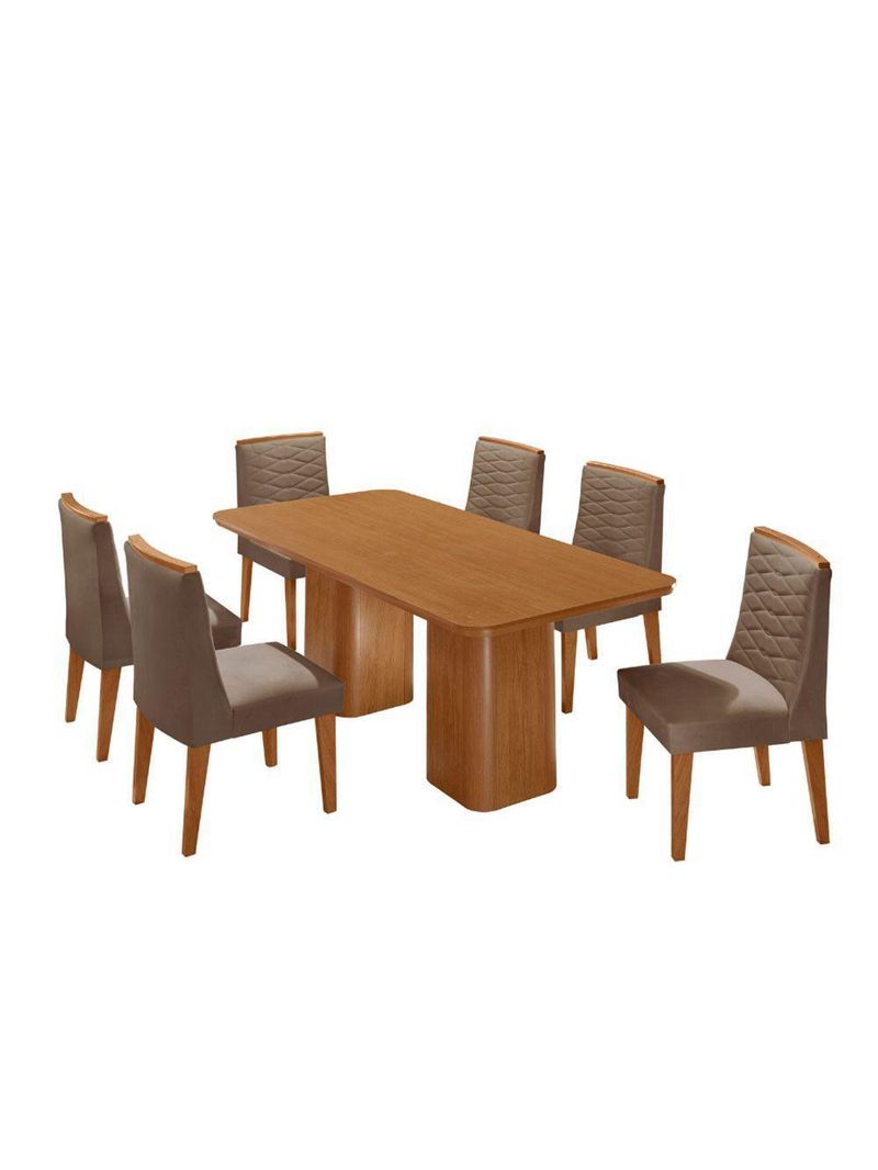 Mesa De Jantar Eloise 180cm Tampo MDF Com 6 Cadeira Moderna Veludo Capuccino Naturalle