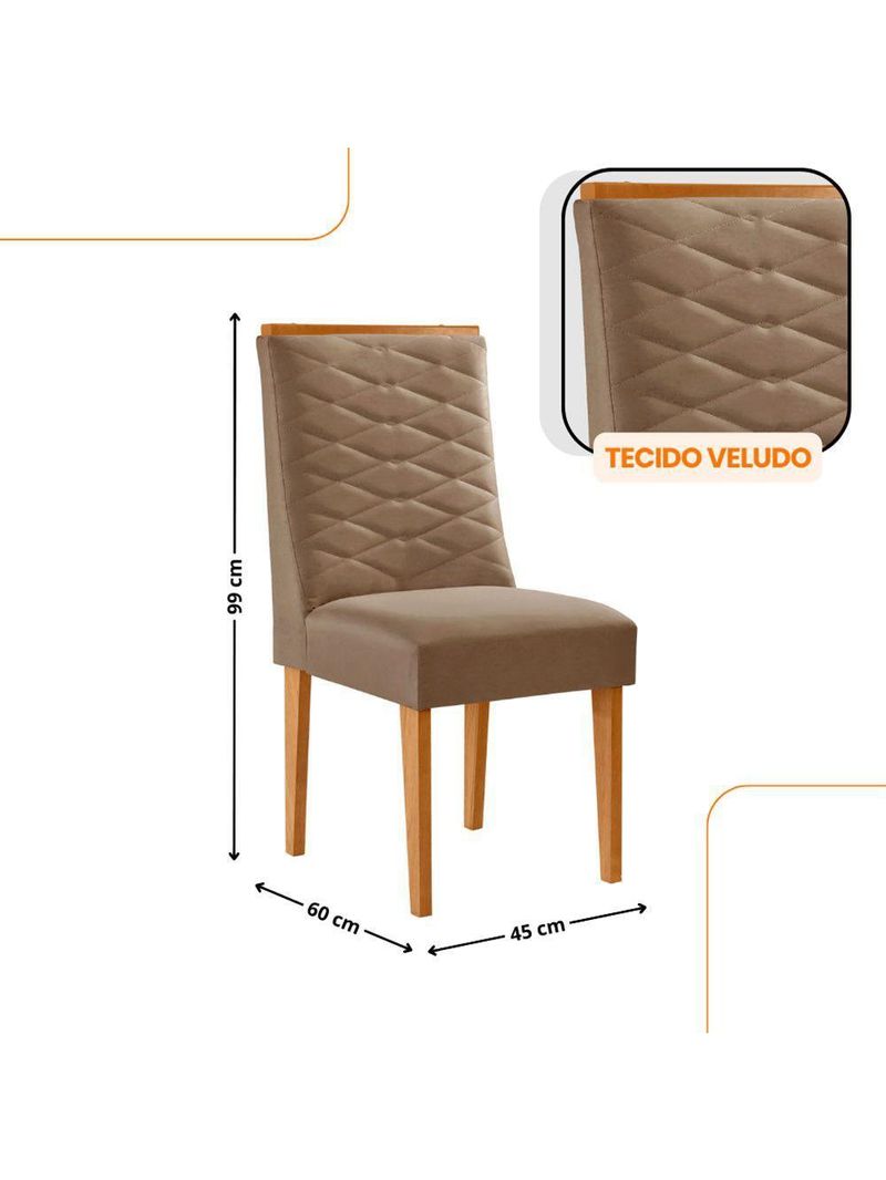 Mesa De Jantar Eloise 180cm Tampo MDF Com 6 Cadeira Moderna Veludo Capuccino Naturalle