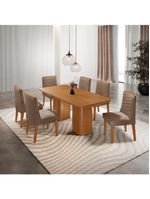 Mesa De Jantar Eloise 180cm Tampo MDF Com 6 Cadeira Moderna Veludo Capuccino Naturalle