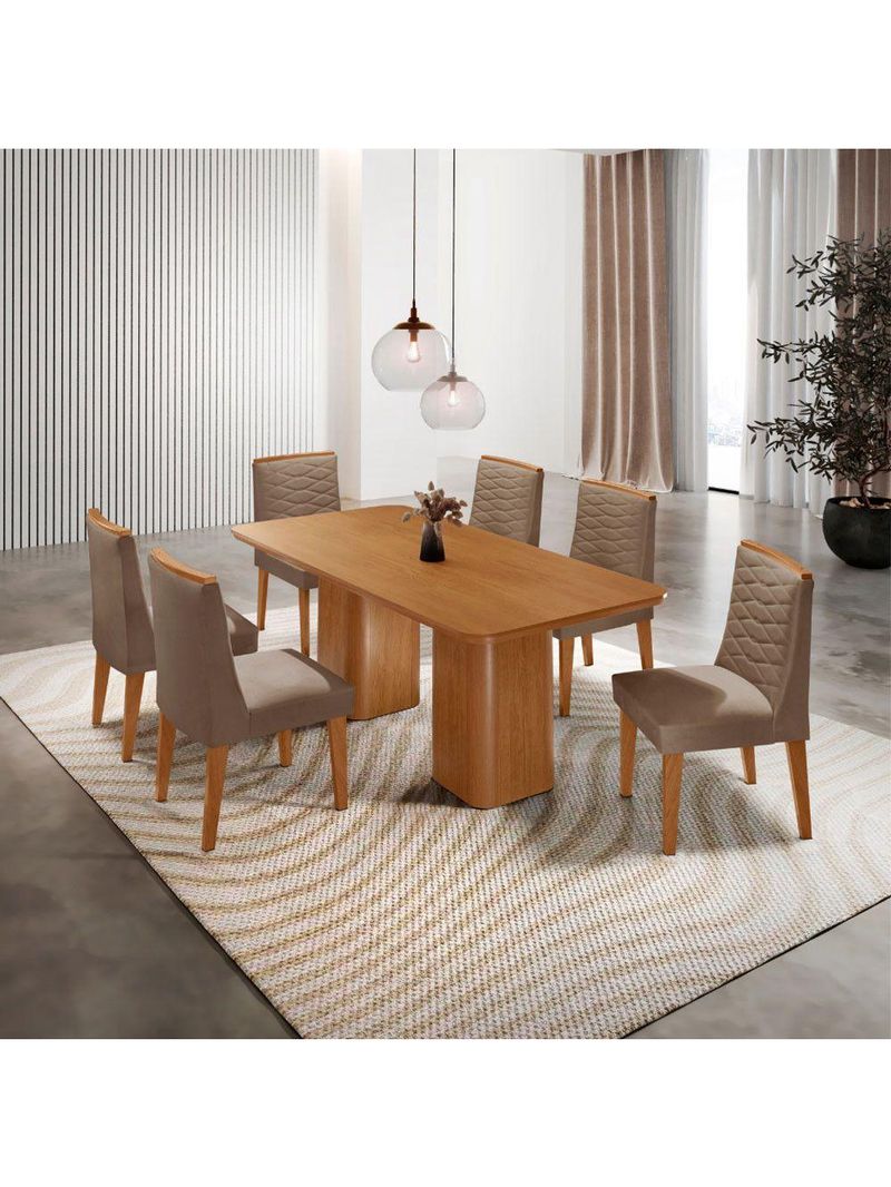 Mesa De Jantar Eloise 180cm Tampo MDF Com 6 Cadeira Moderna Veludo Capuccino Naturalle