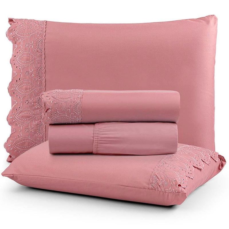 Jogo De Lençol Casal Nobless Bordado Micropercal 200 Fios Toque De Algodão 4 Peças Rosa Antigo