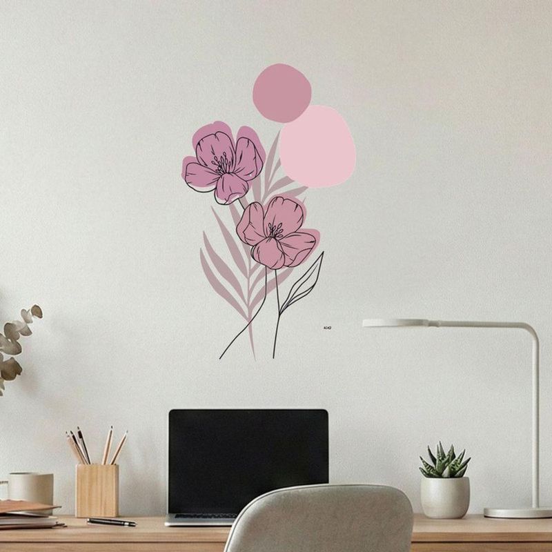 Adesivo Floral Boho Rosa Estilo Nórdico 35x60 Minimalista Abstrato
