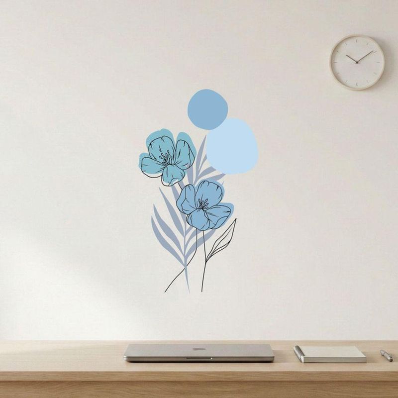 Adesivo Floral Boho Azul Estilo Nórdico 35x60 Minimalista Abstrato