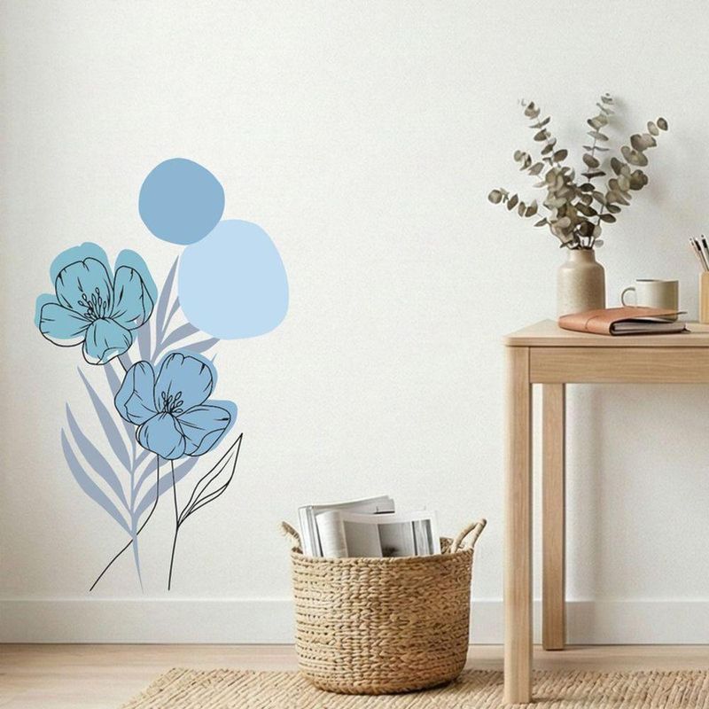 Adesivo Floral Boho Azul Estilo Nórdico 50x90 Minimalista Abstrato