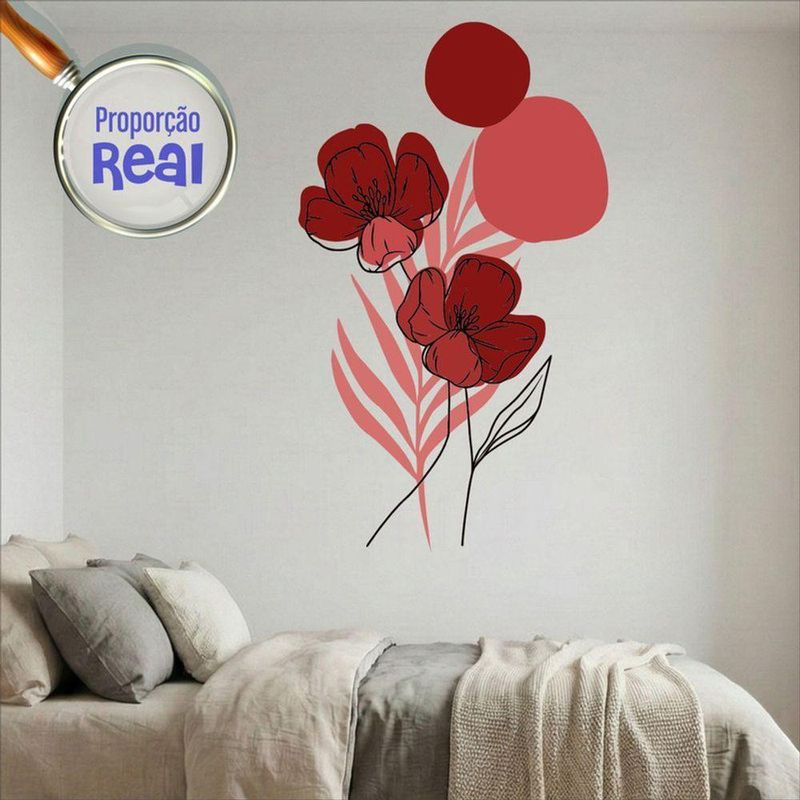 Adesivo Floral Boho Vermelho Estilo Nórdico 88x150 Minimalista Abstrato