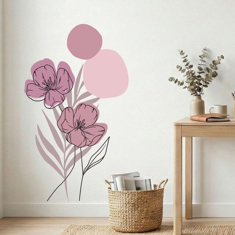Adesivo Floral Boho Rosa Estilo Nórdico 70x120 Minimalista Abstrato