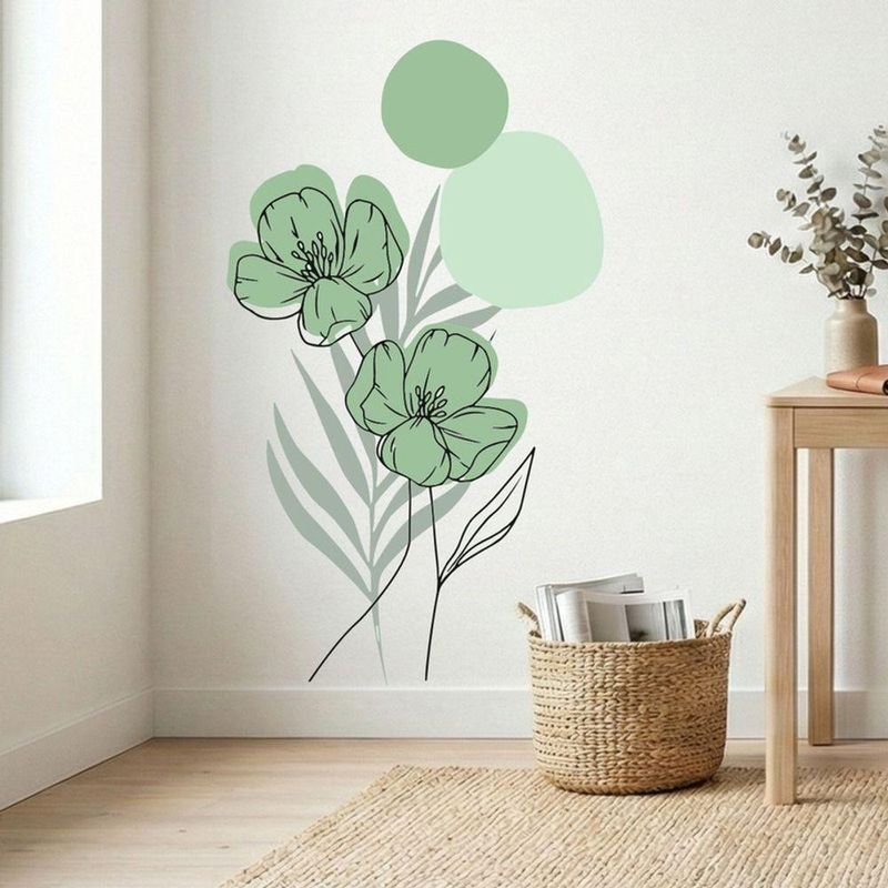 Adesivo Floral Boho Verde Estilo Nórdico 70x120 Minimalista Abstrato