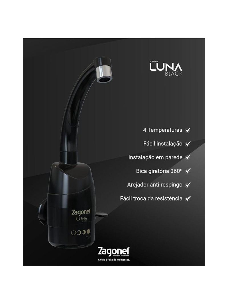Torneira Multitemperatura Zagonel Luna 4t 5500w 220V Black