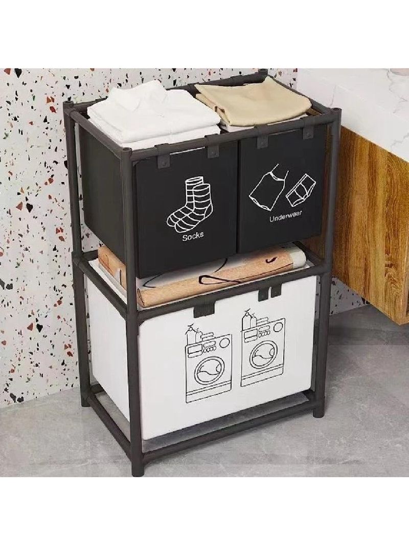 Cesto Lavanderia Triplo Estante Metal Roupa Suja 2 Andares Roupeiro 3 Divisorias Organizador Banheiro Multiuso Armario D