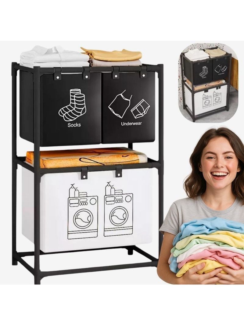 Cesto Lavanderia Triplo Estante Metal Roupa Suja 2 Andares Roupeiro 3 Divisorias Organizador Banheiro Multiuso Armario D