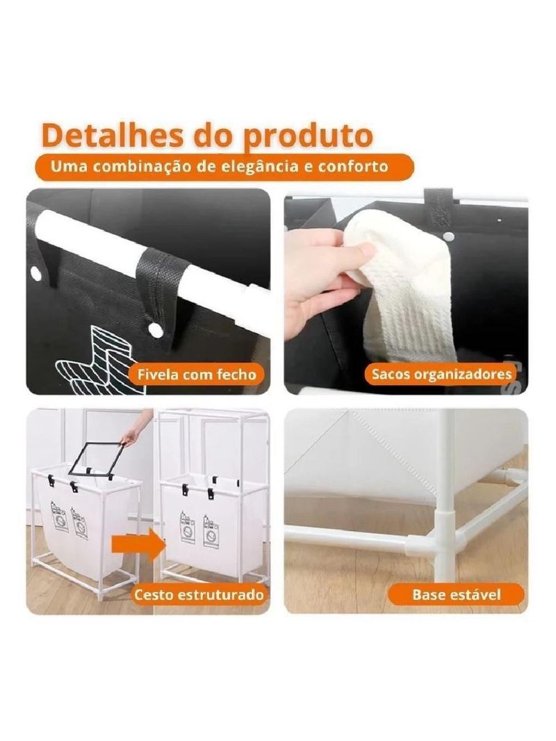 Cesto Lavanderia Triplo Estante Metal Roupa Suja 2 Andares Roupeiro 3 Divisorias Organizador Banheiro Multiuso Armario D