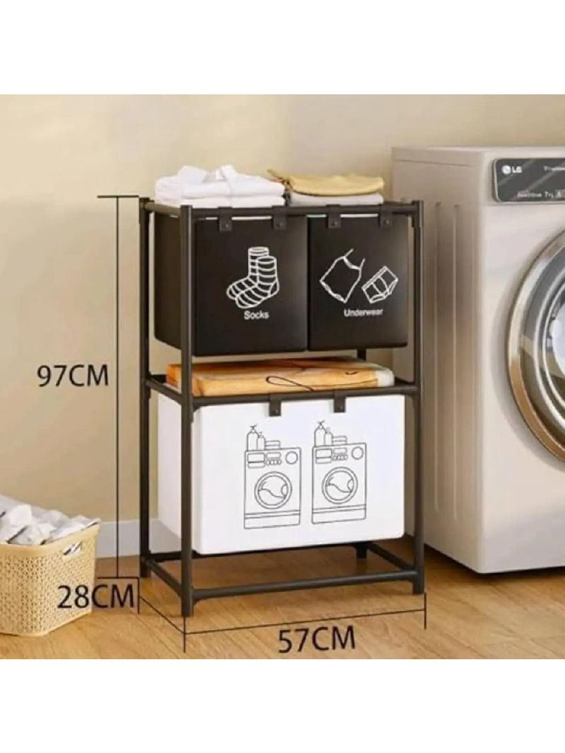 Cesto Lavanderia Triplo Estante Metal Roupa Suja 2 Andares Roupeiro 3 Divisorias Organizador Banheiro Multiuso Armario D