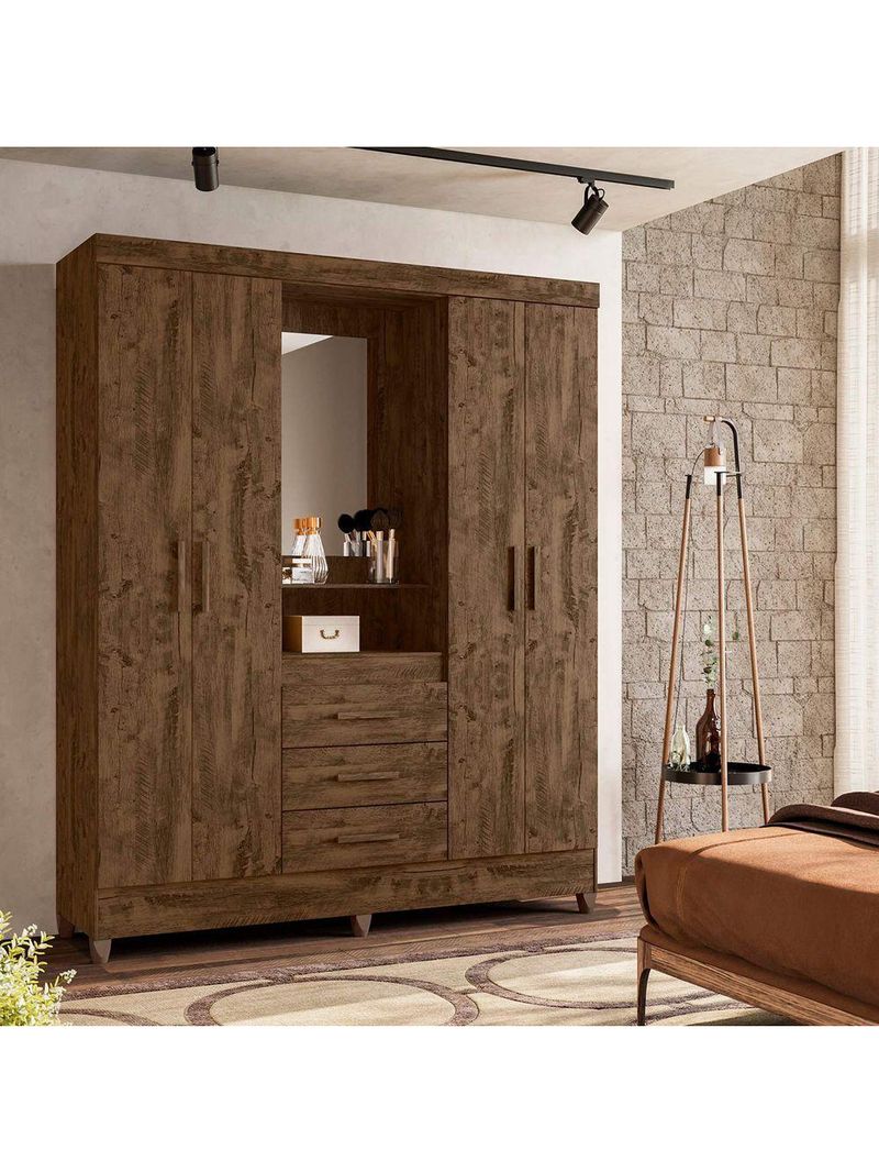 Guarda Roupa Grande Quarto Capri 4 Portas 3 Gavetas Espelho Castanho