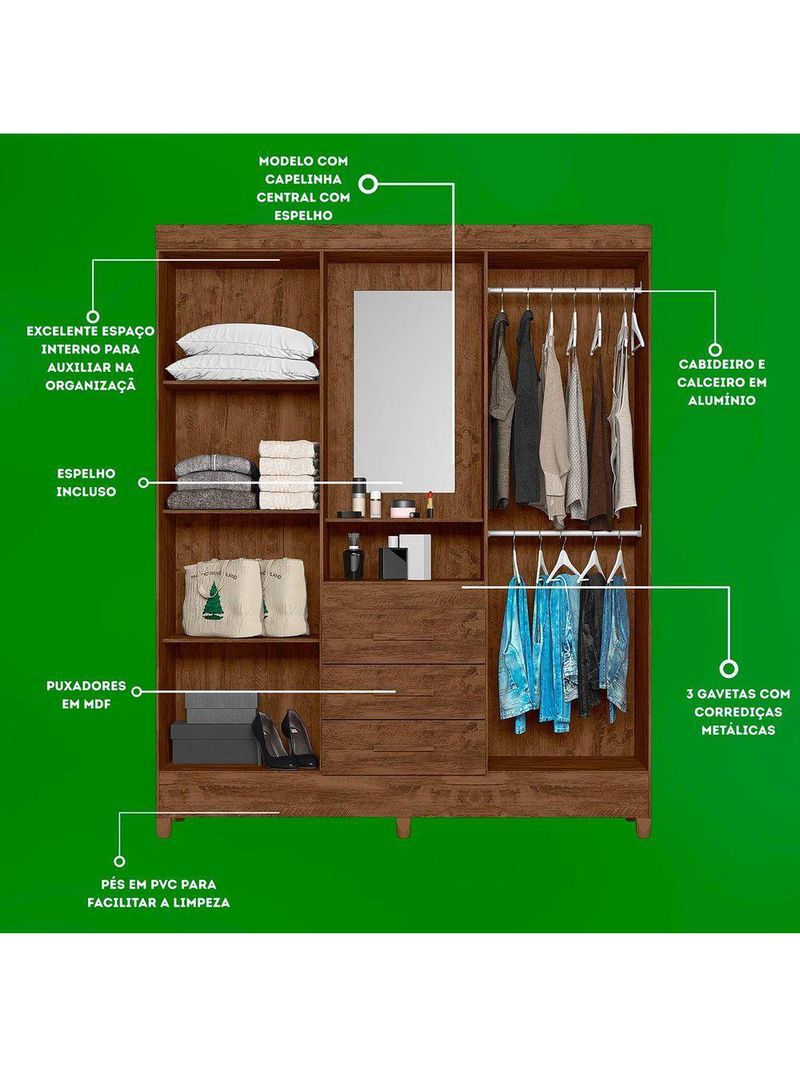 Guarda Roupa Grande Quarto Capri 4 Portas 3 Gavetas Espelho Castanho