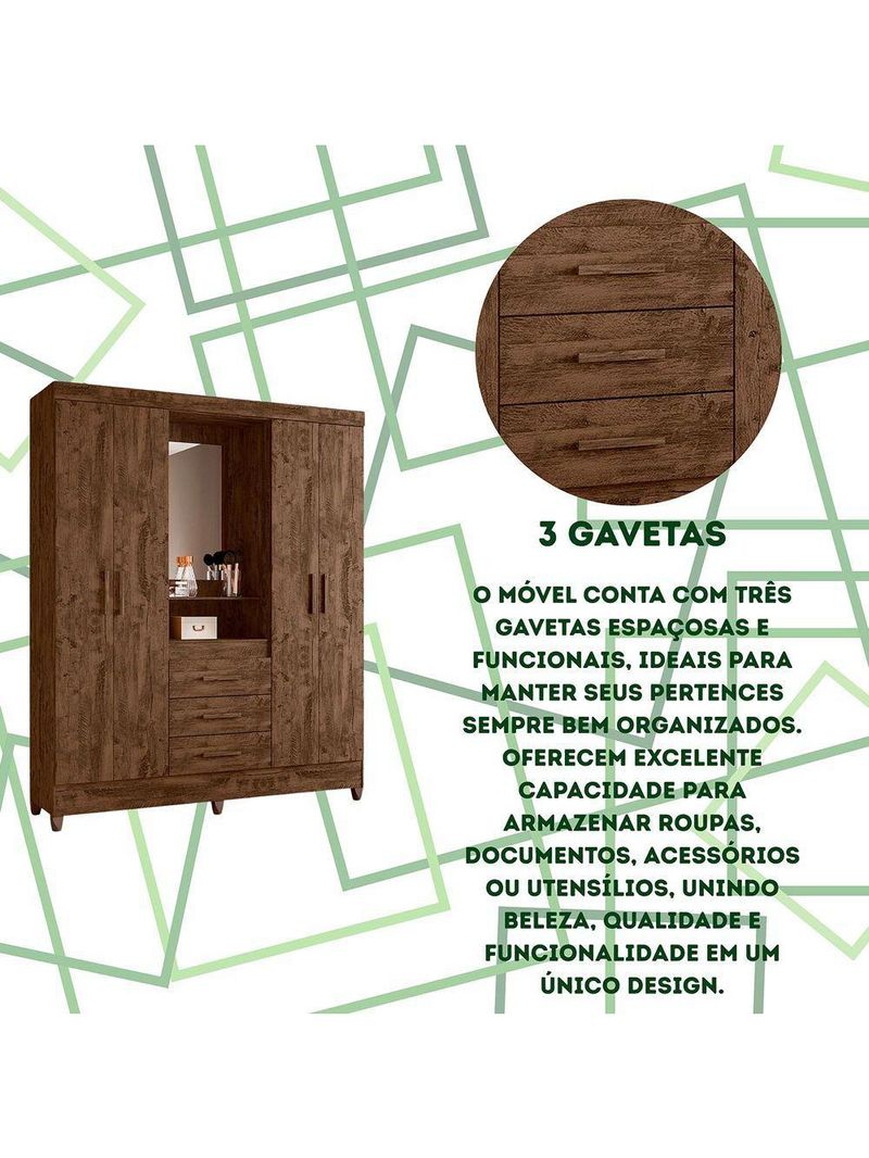 Guarda Roupa Grande Quarto Capri 4 Portas 3 Gavetas Espelho Castanho