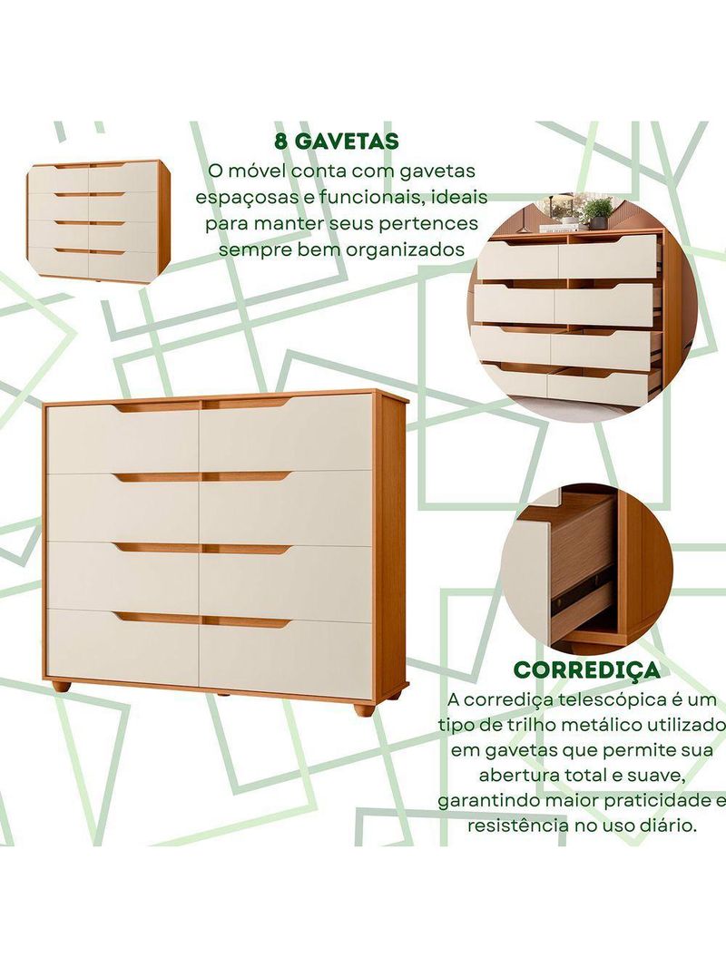 Comoda Doble 8 Gavetas Quarto Cinamomo Com Off White Vistas Flex - Albatroz