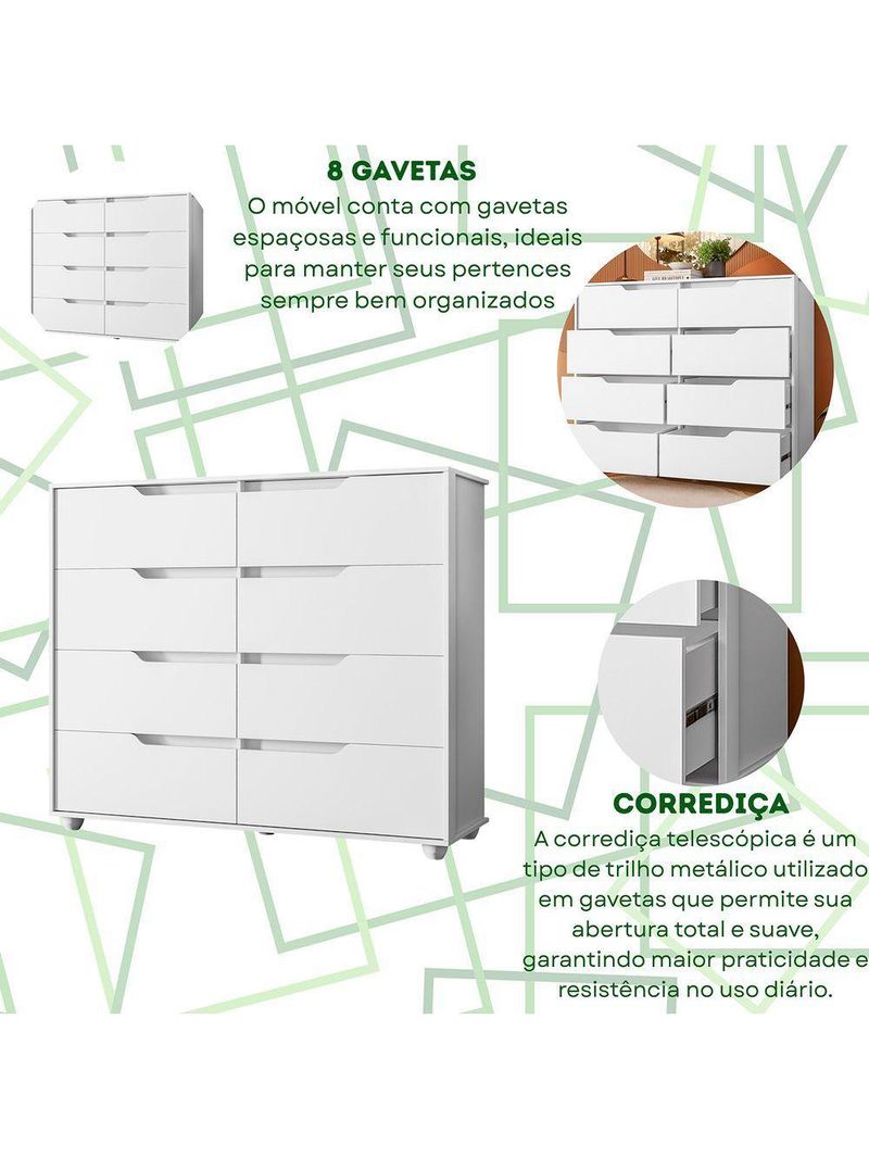 Comoda Doble 8 Gavetas Quarto Branco Com Freijo Vistas Flex - Albatroz