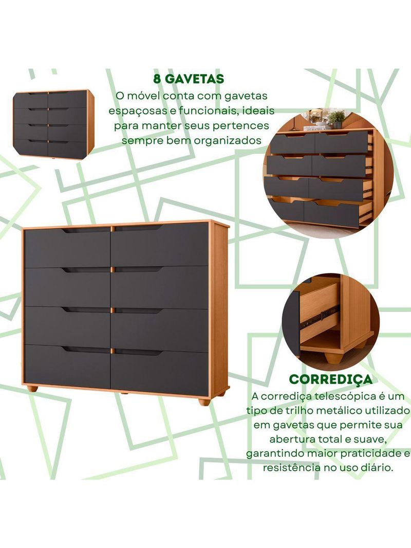 Comoda Doble 8 Gavetas Quarto Freijo Com Titanium Vistas Flex - Albatroz