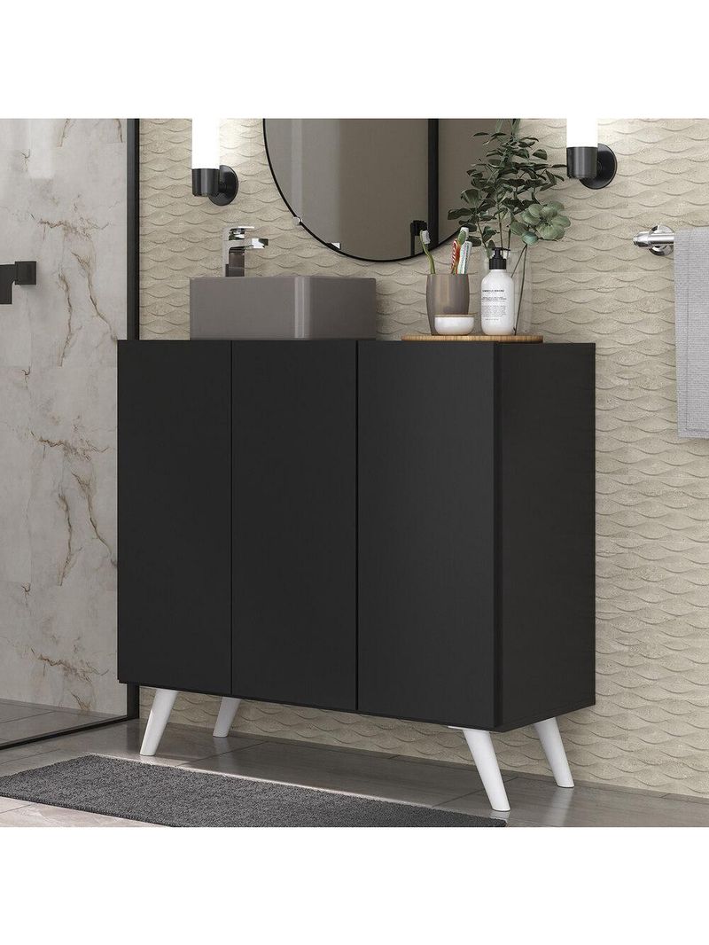 Gabinete Banheiro 3 Portas Retrô 90Cm Mp5030 Preto/Branco