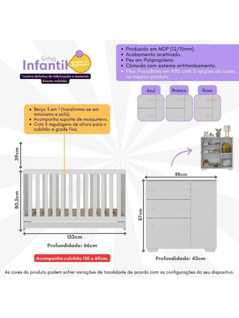 Quarto Infantil-Berço Colchão Incluso E Cômoda Multimóveis
