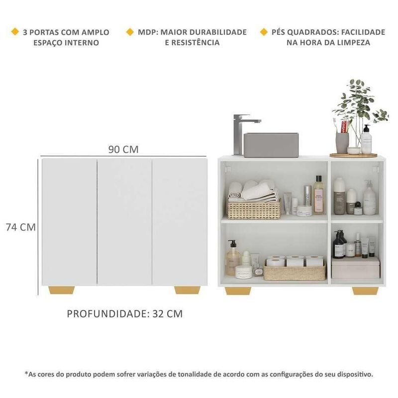 Gabinete Banheiro 3 Portas 90cm Mp5031 Branco Natural