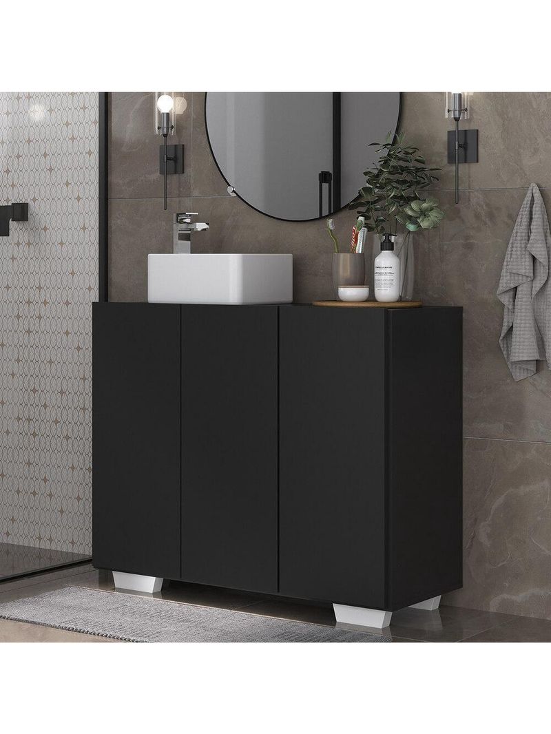 Gabinete Banheiro 3 Portas 90Cm Mp5031 Preto/Branco