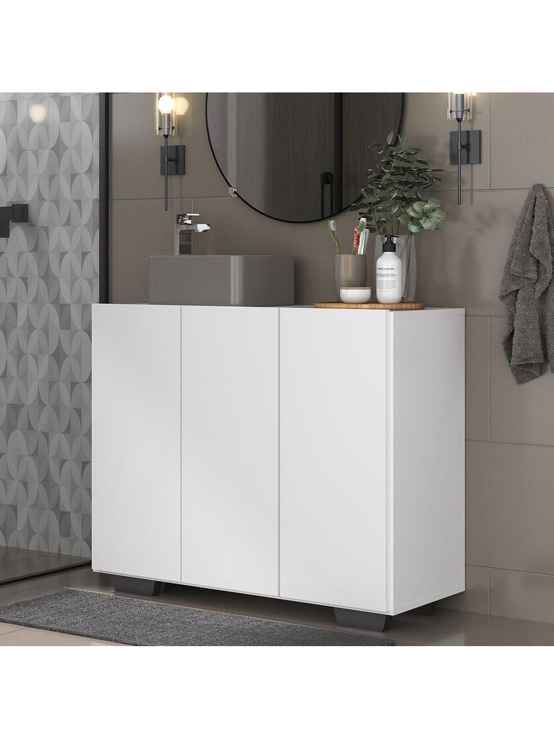 Gabinete Banheiro 3 Portas 90Cm Mp5031 Branco/Preto