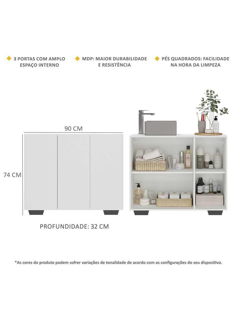 Gabinete Banheiro 3 Portas 90Cm Mp5031 Branco/Preto