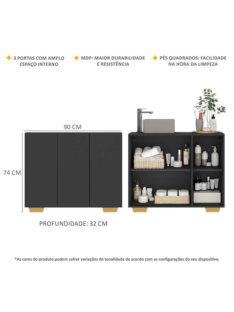 Gabinete Banheiro 3 Portas 90Cm Multimóveis V5031