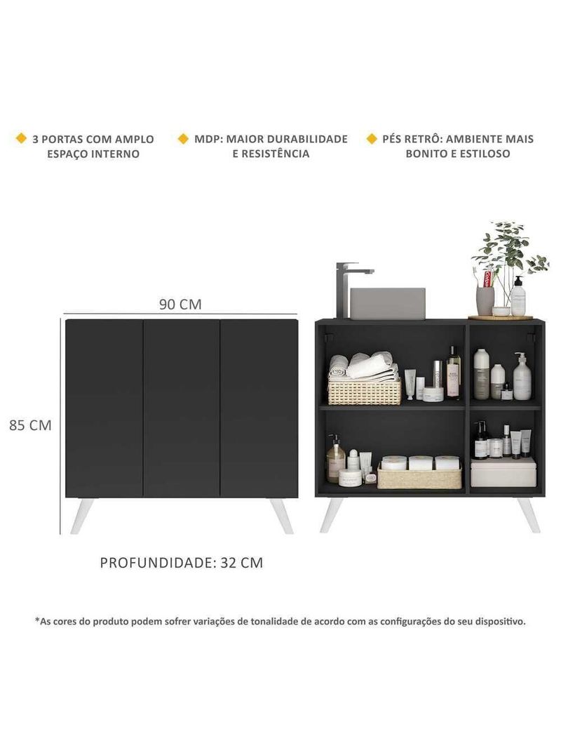 Gabinete Banheiro 3 Portas Retrô 90Cm Multimóveis V5030